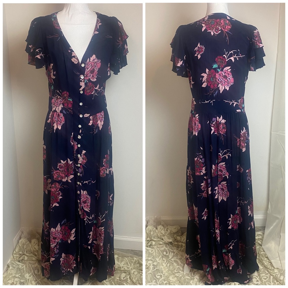 Anthropologie Patrons of Peace Large Navy Blue Floral Hi Low Maxi Dress Button